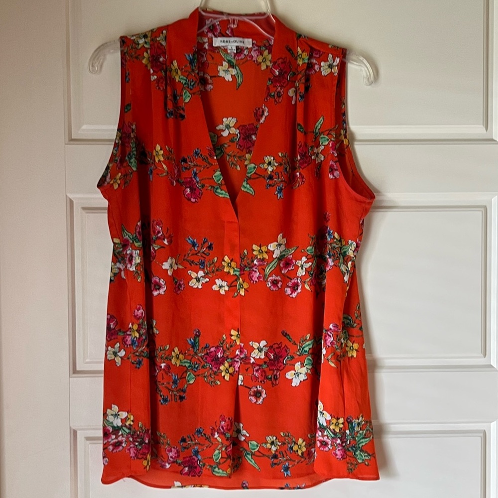 Rose and Olive orange floral silken sleeveless top
